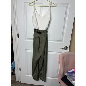Olive Green Belted Jumpsuit White Top Medium Women's Casual Workwear‎
